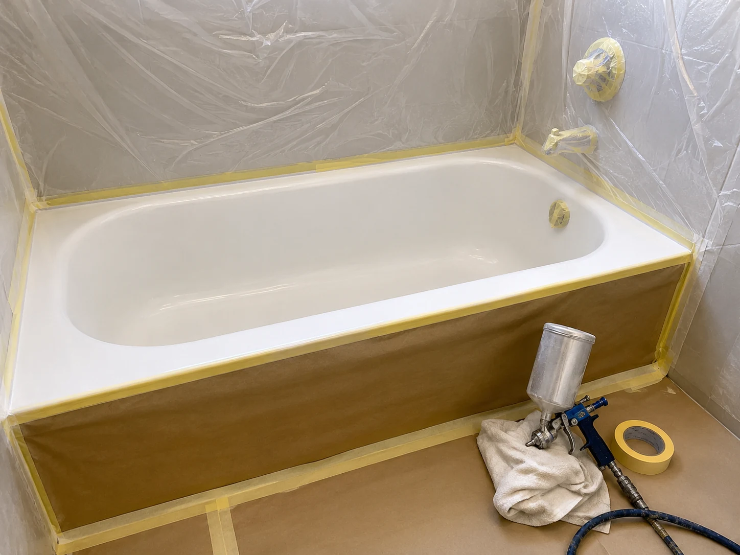 Bathtub masked and prepared for professional reglazing