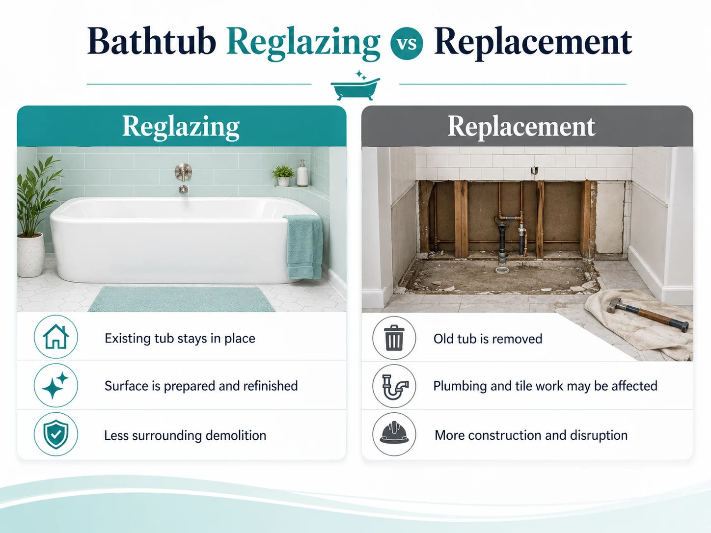 Comparison of bathtub reglazing and full bathtub replacement